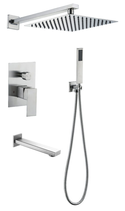 Robinetterie de douche CHROME mat avec douche pluie et douchette carré 3 Sorties