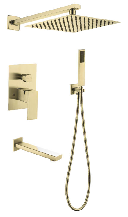 Robinetterie de douche Gold avec douche pluie et douchette carré 3 Sorties