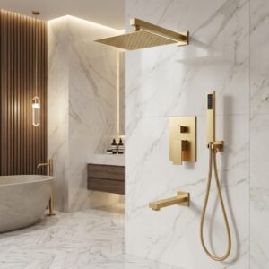Robinetterie de douche GOLD avec tête de douche pluie carrée 10 po et douchette à 3 jets