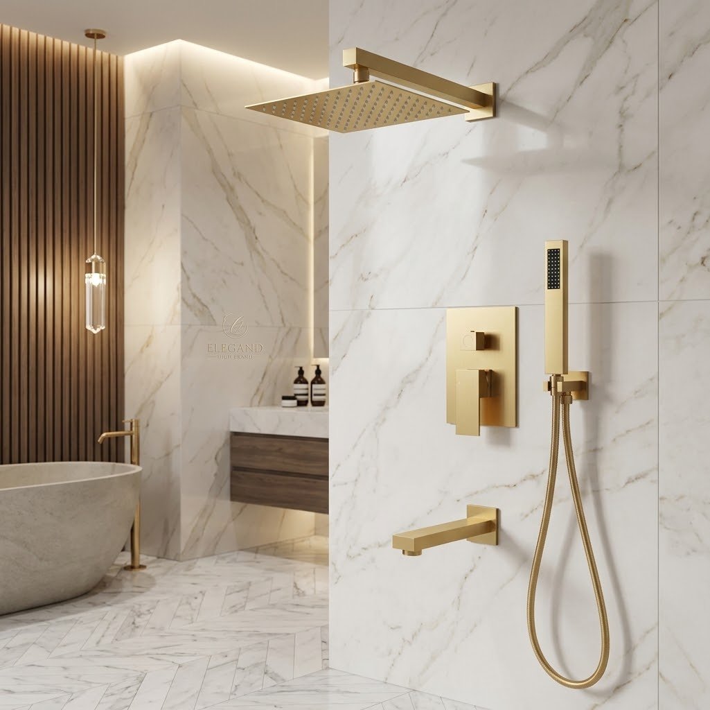 Robinetterie de douche GOLD avec tête de douche pluie carrée 10 po et douchette à 3 jets
